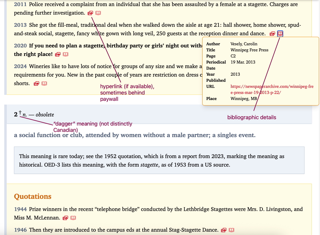 A screenshot of the DCHP-3 entry for 'stagette', further down the page, with parts of the meaning labelled