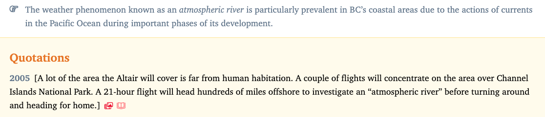 A screenshot of the DCHP-3 entry for 'atmospheric river', with a non-Canadian quotation shown in square brackets